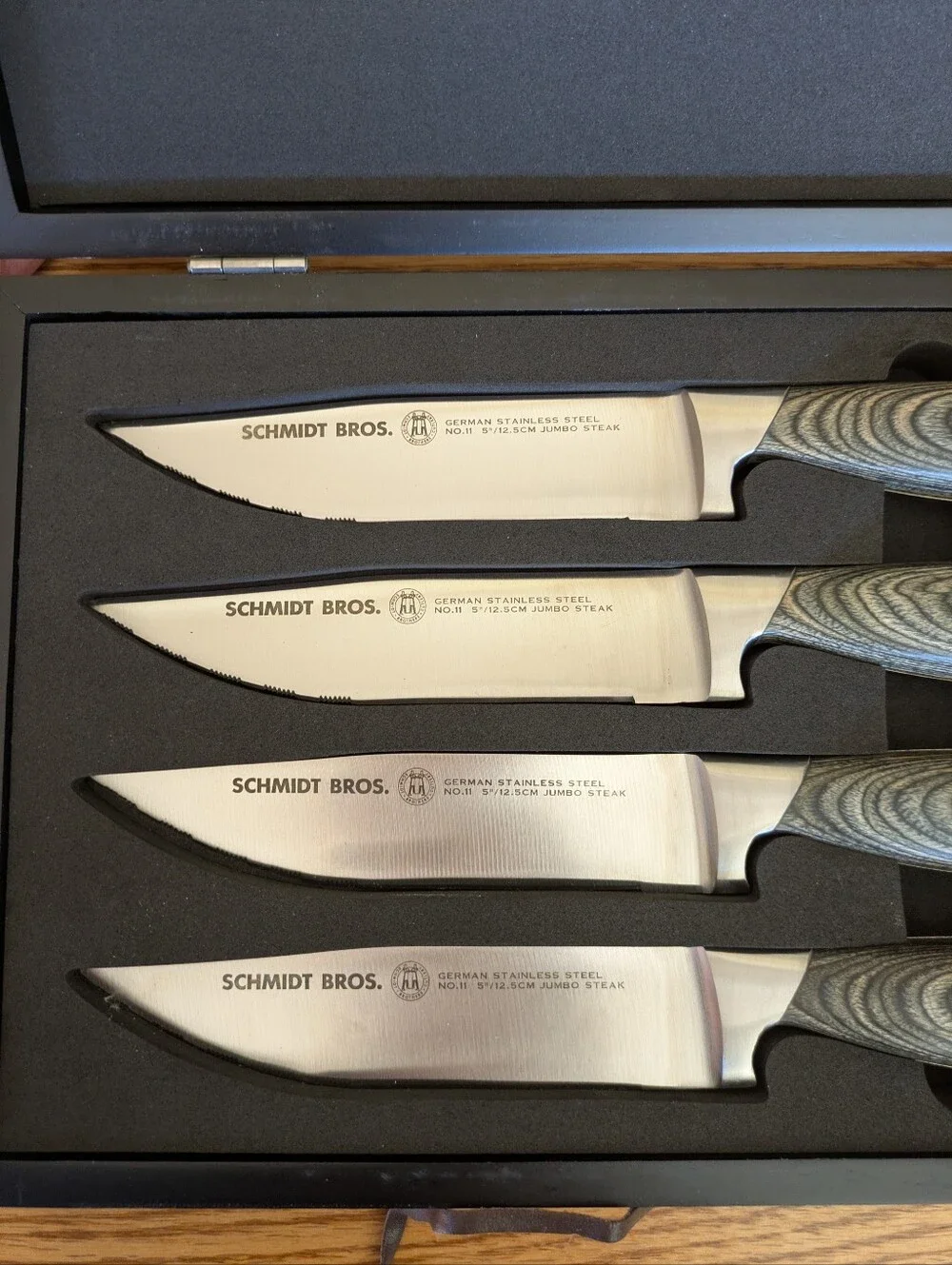 Schmidt Bros German Stainless 4-Piece Jumbo Steak Knife Set Wood Handles w/ Box